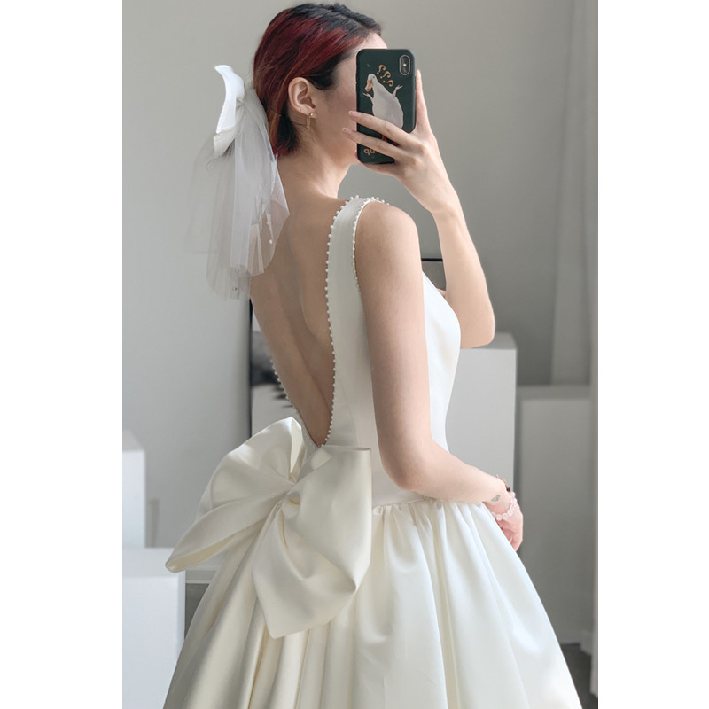 Casual Light Wedding Dress, Sexy Small Travel Photography, French White Slimming Look Satin Banquet Bow Dress for Summer