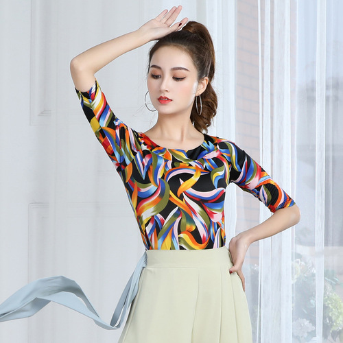 Latin dance tops for women, medium long sleeves, modern dance  new style dance, social dance practice clothes, square dance clothes