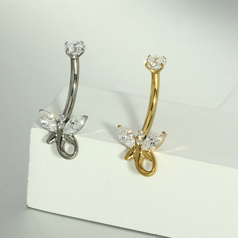 G23 Titanium Navel Piercing with Internal Prong-Set Marquise CZ Curved Bar 14G Belly Ring Jewelry detail image 9