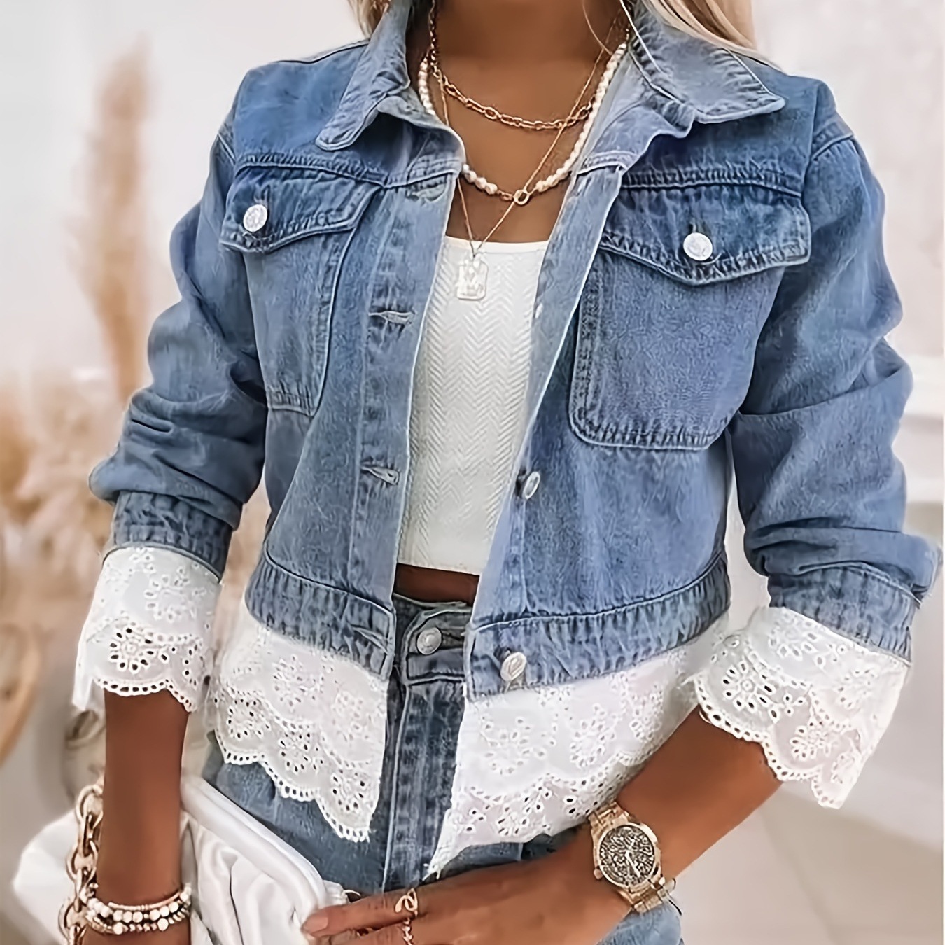 European and American Cross-Border New Style Loose Lace Denim Jacket Casual Fashion Versatile Lace Patchwork Top