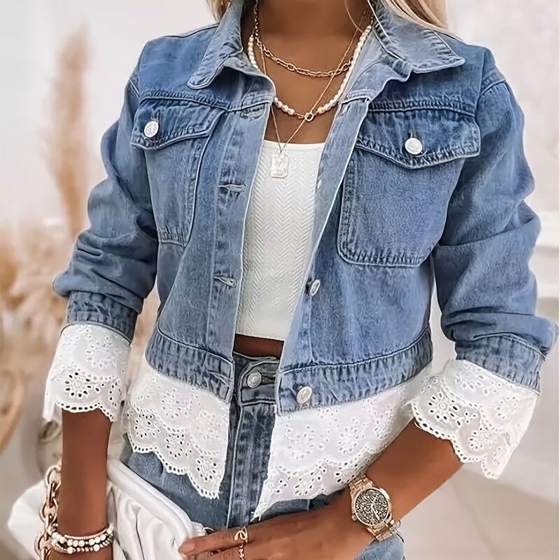 European and American Cross-Border New Style Loose Lace Denim Jacket Casual Fashion Versatile Lace Patchwork Top European and American Cross-Border New Style Loose Lace Denim Jacket Casual Fashion Versatile Lace Patchwork Top