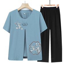妈妈夏装雪纺七分袖假两件套装中老年人女装薄款老太太衣服奶奶装