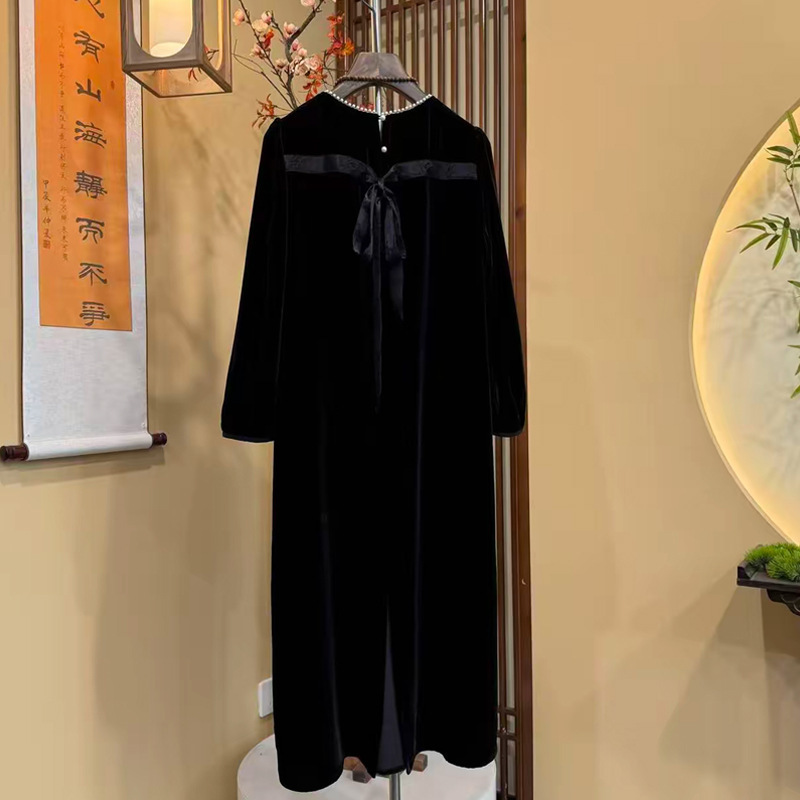 3554 Ready-Made Autumn and Winter Outer Wear Bottoming Velvet Skirt with Spliced ​​Sleeves Mid-Length Casual Large Size Dress