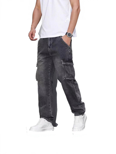 American-style street cool retro multi-pocket work jeans for spring and autumn, loose straight-leg casual pants