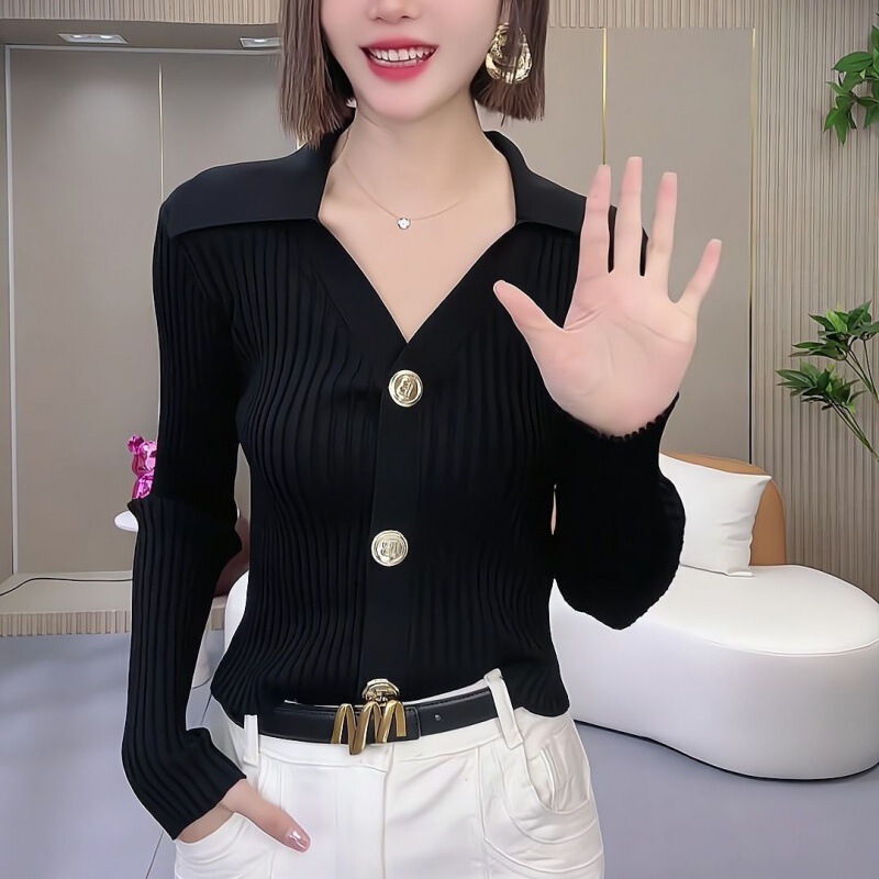 2024 Spring and Autumn New Plus Size Women's Fashionable V-Neck Pure Desire Style Slim Fit Versatile Pullover Knit Top for Women