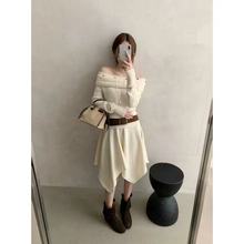 韩版纯欲风时尚套装女2025秋季不规则收腰露肩条纹T恤+短裙两件套