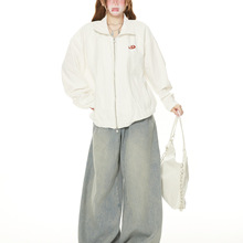 美式高街休闲运动白色立领夹克外套2025新款女秋季薄款宽松国潮牌