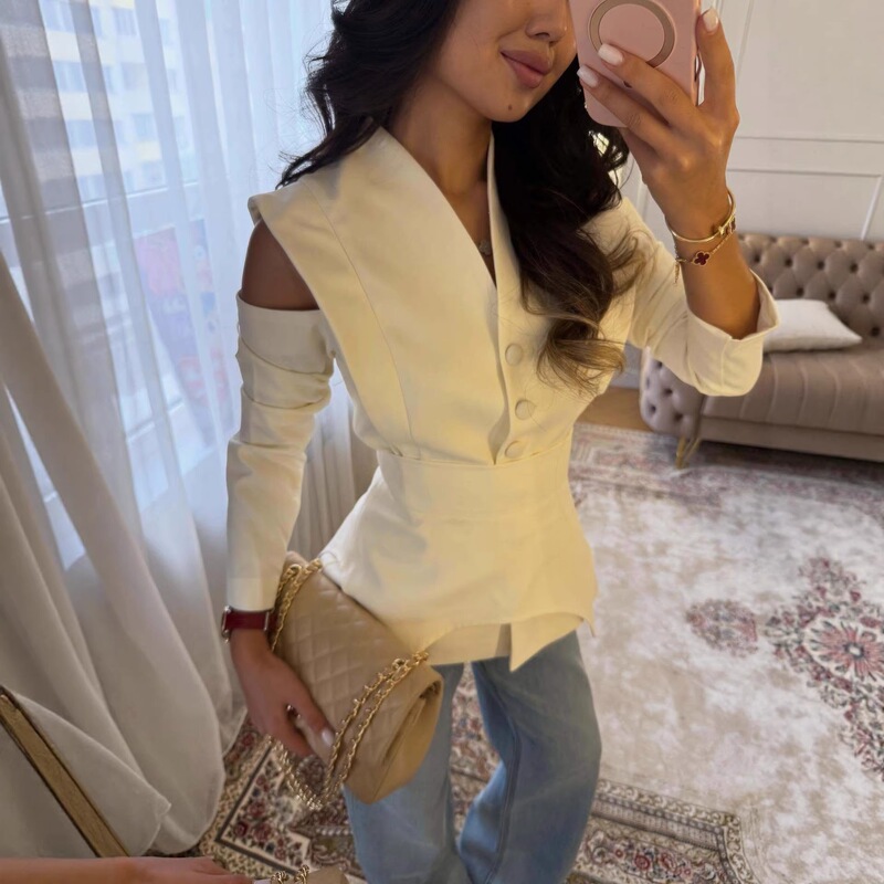 2026 Spring New Amazon Style Elegant V-Neck Design Slim Fit Solid Color Long Sleeve Blazer for Women