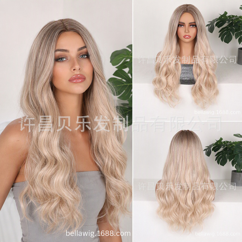 European and American cross-border wigs, best-selling on Amazon, women's gradient large wavy long curly hair, high-temperature fiber wig, in stock at the factory European and American cross-border wigs, best-selling on Amazon, women's gradient large wavy long curly hair, high-temperature fiber wig, in stock at the factory
