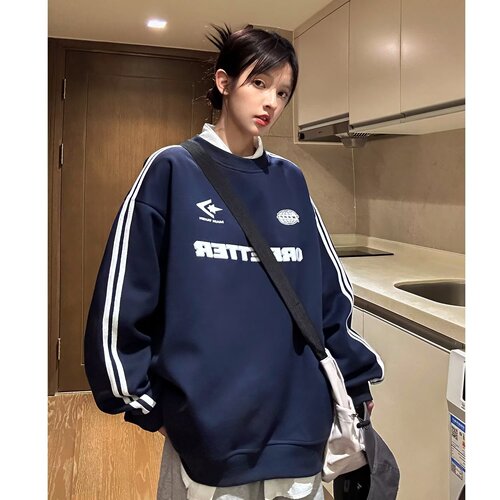 Heavyweight crew neck hoodie men's high street loose striped top motorcycle trend brand ins casual cool jacket
