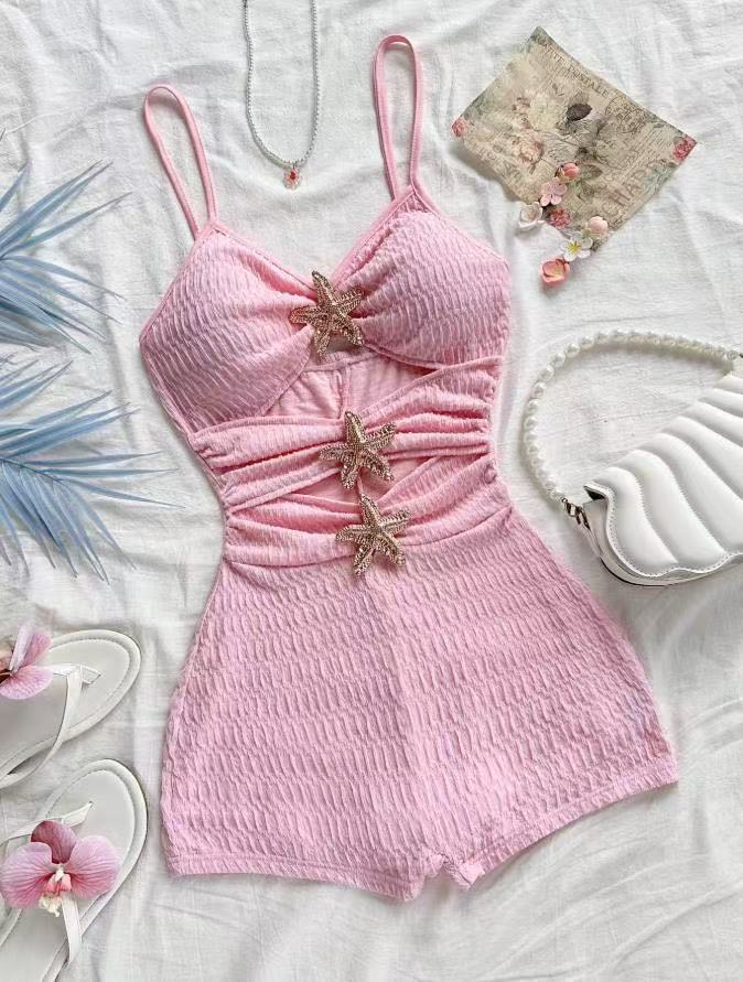 Textured Ruffle Strap One-Piece Swimsuit With Starfish Accent, Cutout Waist Design For Women's Vacation Hot Spring Wear_ecoleips.com