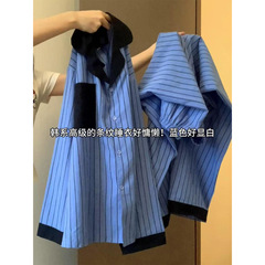 韩系高级感蓝色条纹睡衣女2025春秋新款宽松可出门长袖家居服套装