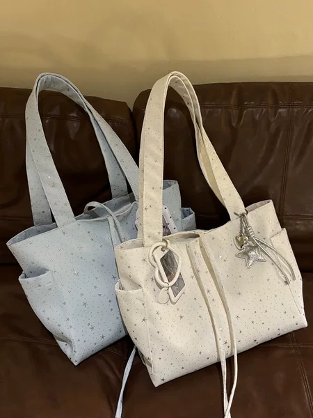 New Korean-Style Star-Studded Canvas Tote Bag, Large-Capacity Shoulder and Handbag for Commuting and Casual Use, Versatile for Women
