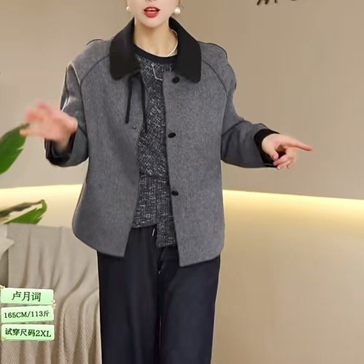 一件代发直播爆款2025秋季新款时尚拼色宽松气质毛妮外套上衣女|undefined