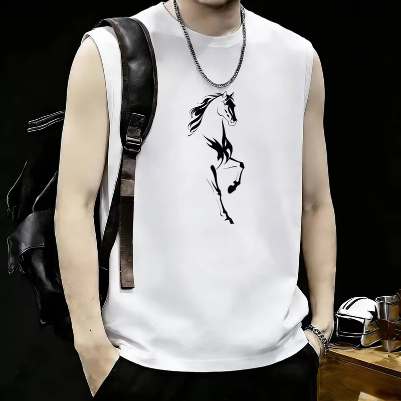2026 New Men's Sleeveless Vest Summer Trendy Loose Pure Cotton Printed Horse Pattern Hong Kong Style Casual Vest
