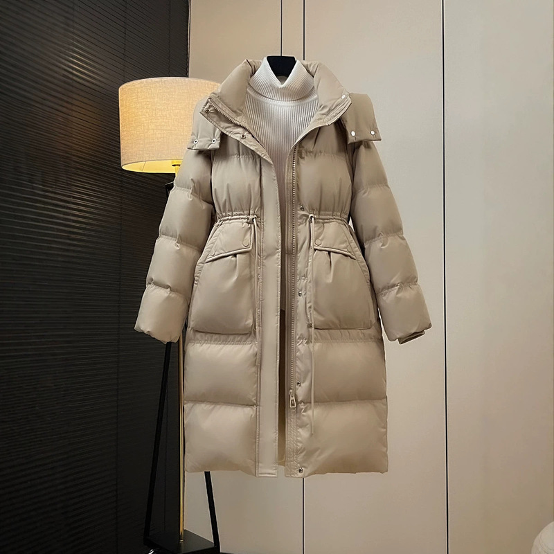 2026 Winter New Model 90% White Goose Down Women's Down Jacket, Mid-Length, Thickened, Large Pockets, Waist-Cinching, Hooded, Over-the-Knee Coat