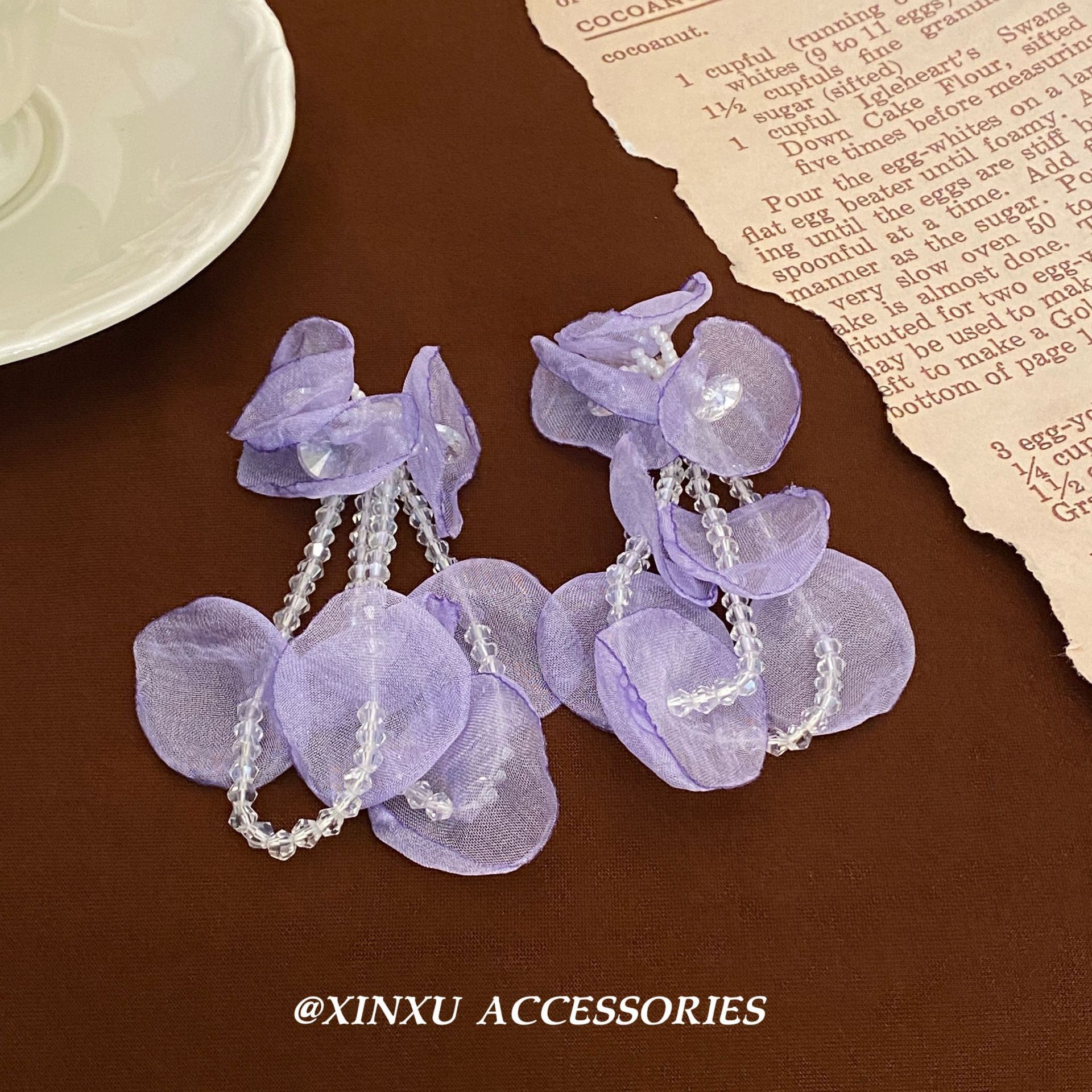 Gentle Style Long Purple Beaded Tulle Flower Pendant Earrings Petal Fairy Braided Earrings Women's Earrings