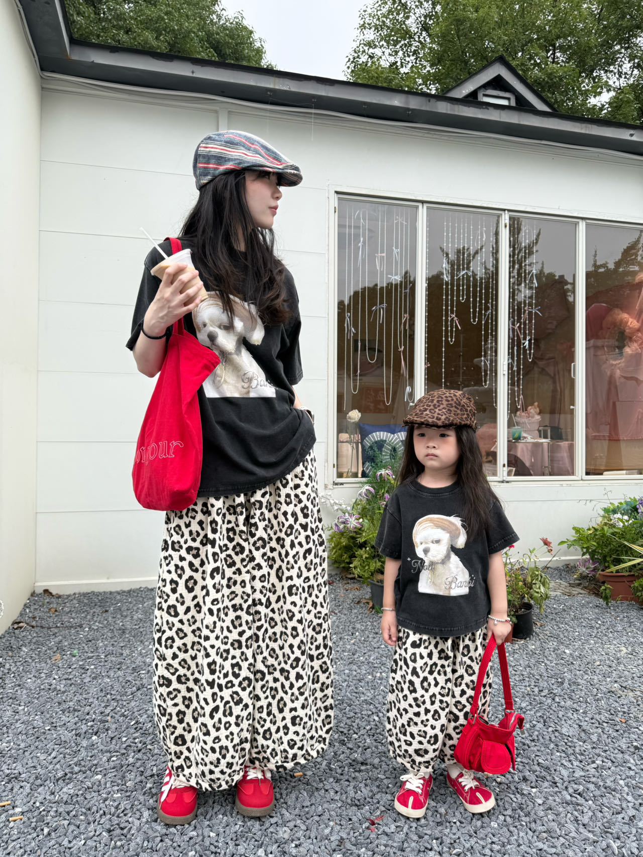 Summer 2025 Girls New American Retro Puppy Print Family Short-Sleeved T-Shirt Women's Round Neck Loose and Slim