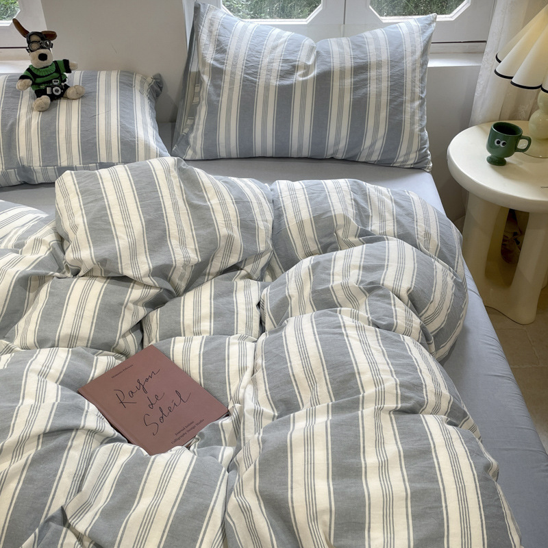 Simple Unprinted Style Washed Cotton Four-piece Set Nordic Skin-friendly Cloud Cotton Single Quilt Cover Dormitory Three-piece Set Striped Plaid