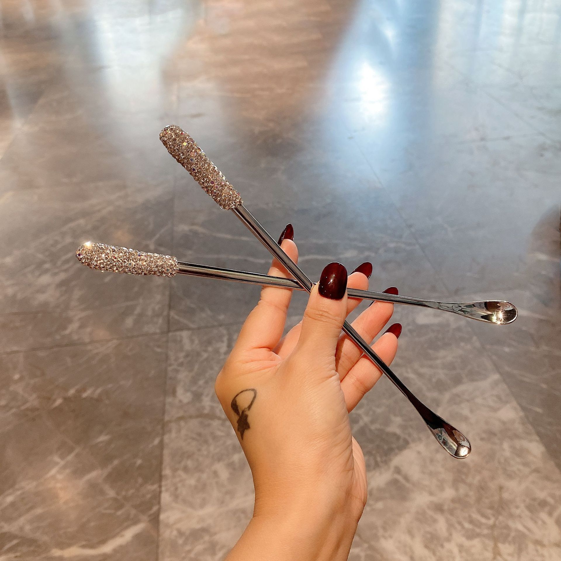 Cuillère à café de luxe avec strass en acier inoxydable_voghion.com