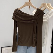 辣妹纯欲风长袖T恤女春季韩版一字肩领褶皱露肩纯色修身气质上衣