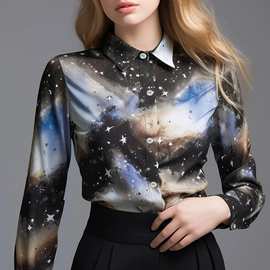 2024春秋新款星空印花长袖衬衫女宽松银河常规长度休闲外出上衣女