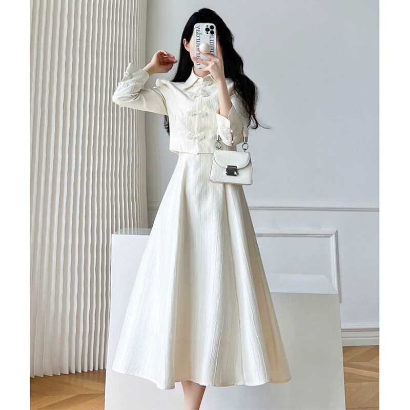 Tweed Style Cheongsam Jacket Suspender Dress Two-Piece Set for Women 2025 New Early Autumn High-End Suit Long Skirt
