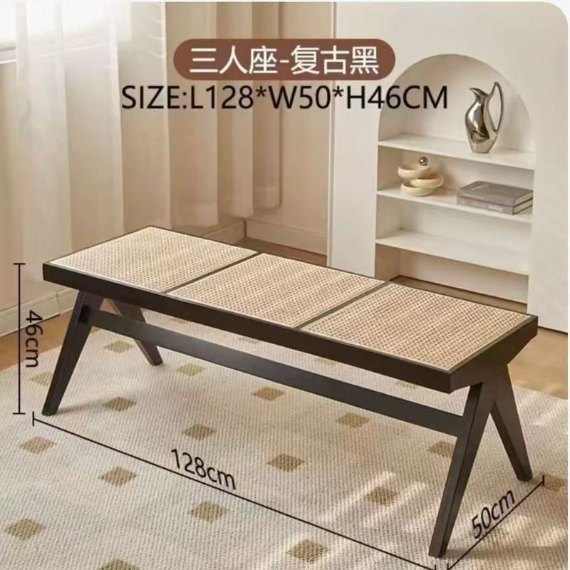 藤编实木长凳昌迪加尔中古餐椅条凳日式北欧家用民宿换鞋床尾凳子|undefined