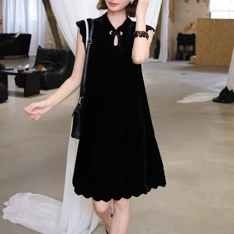 2026 Summer New Chinese-Style Mulberry Silk Velvet Wave Dress, Gentle National Style, Simple and Durable for Commuting, Elegant Cheongsam Dress