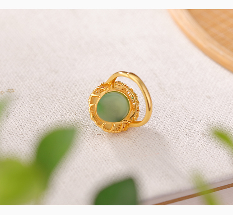 Nhẫn bạc S925 mạ vàng mặt ngọc bích jasper phong cách Trung Hoa họa tiết mây lành Ruyi — Bạc 925 chi tiết 3