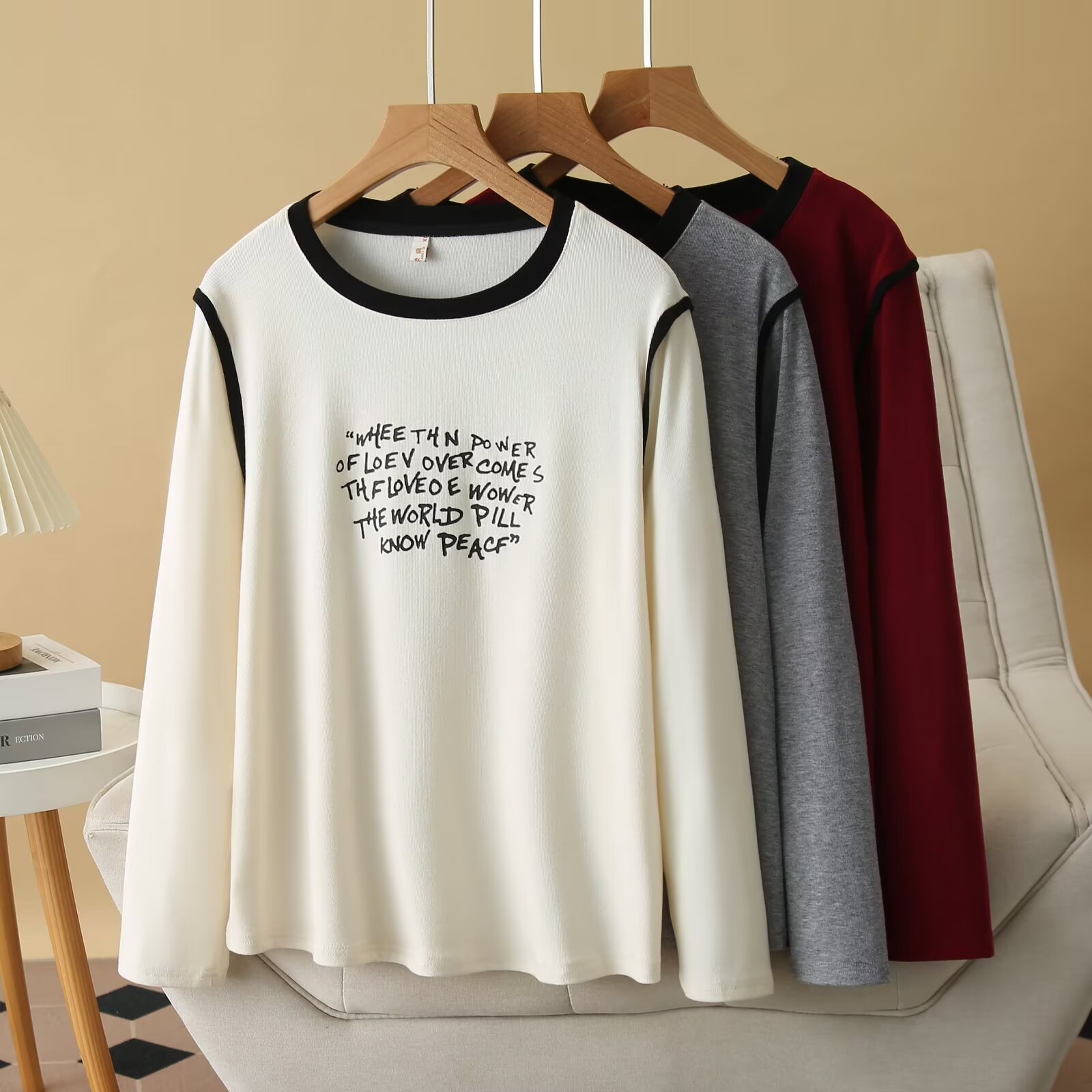 Spring new style fat MM large size casual color-blocking printed long-sleeved T-shirt women's color-blocking versatile base shirt 2506