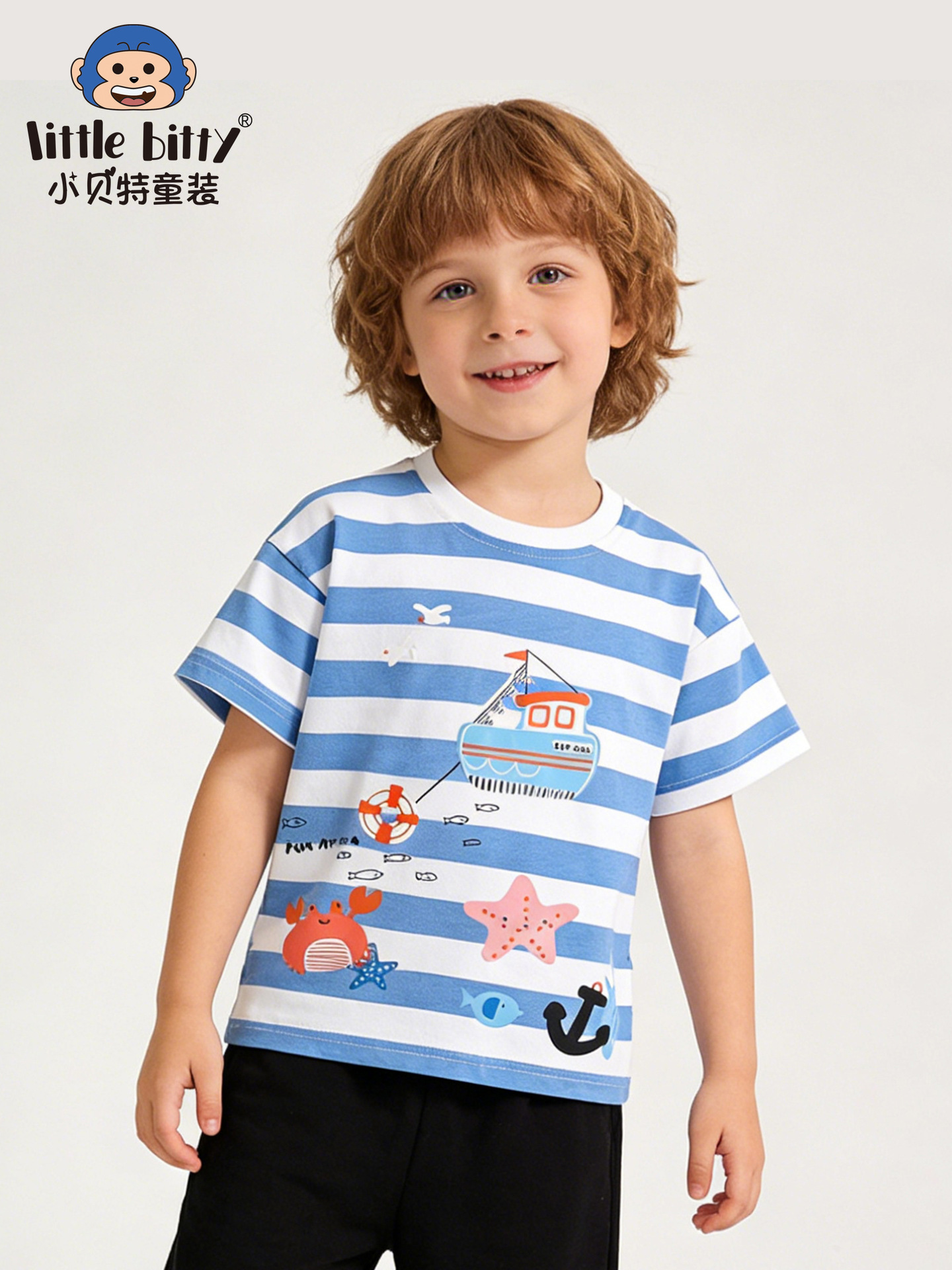 Cross-Border Supply 26Th Summer New Style Children's Short-Sleeved T-Shirt Casual Fashion Cartoon Ocean Print Round Neck Top