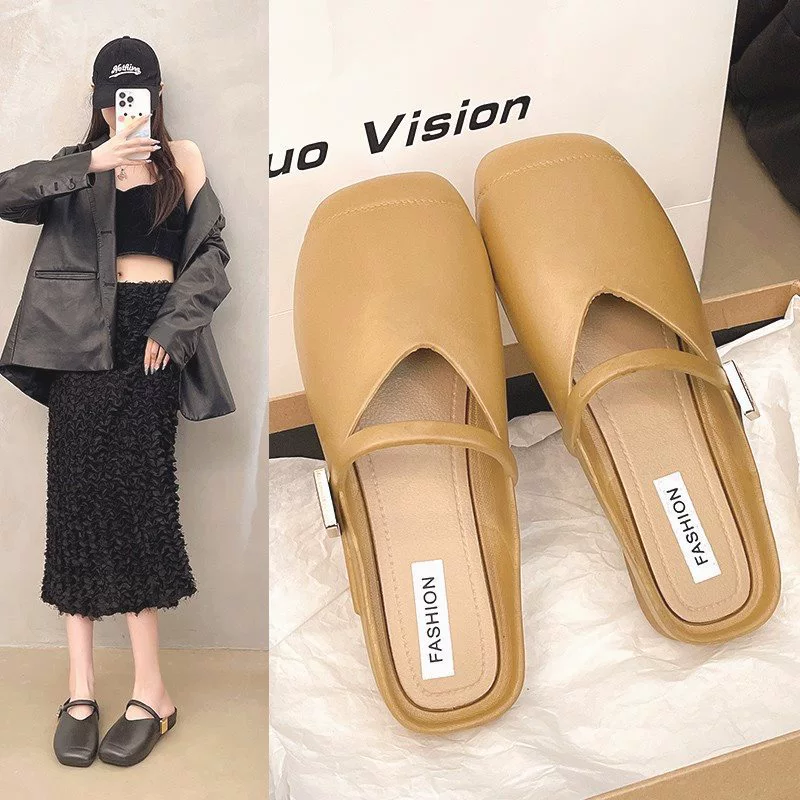 Женские плоские сабо с закрытым носком во французском стиле, новые летние сандалии без шнуровки, модные одинарные туфли.