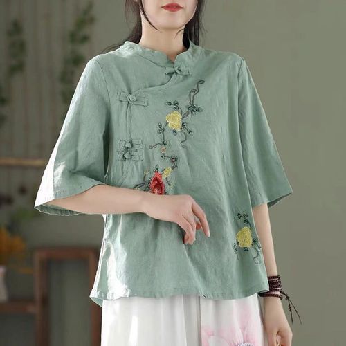 Retro embroidery plate buckles cotton and linen shirt jacket female summer 2022 new tide female Chinese sleeve T-shirt in the wind