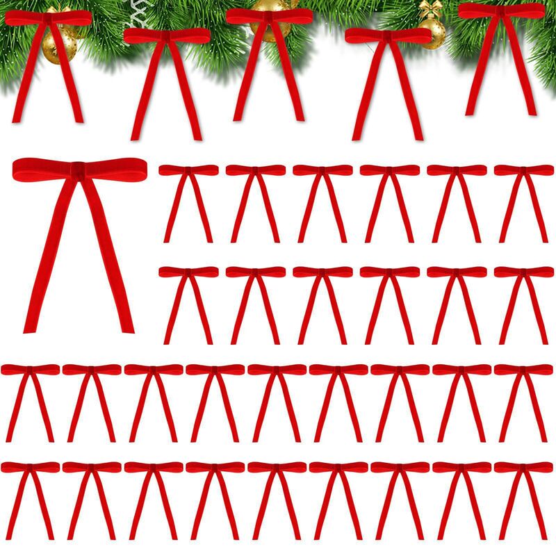 24 Velvet-Wrapped Bow-Tie Christmas Tree Decorations, Christmas Wire Hanging Ornaments, Christmas Holiday Party Hangings