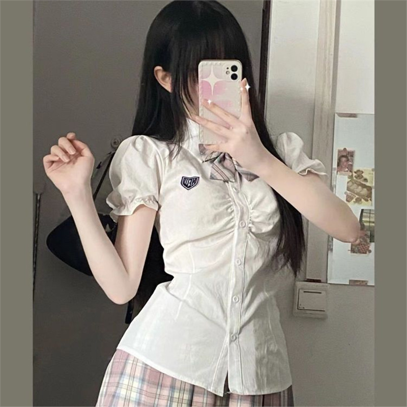 Waist-cinching shirt, JK uniform, summer preppy style, mint mambo puff sleeves, waist-cinching short-sleeved icy berry plaid skirt set