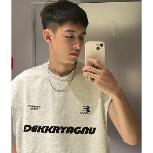 American street letter print denim jacket men's summer fashion brand loose sport fitness versatile base shirt