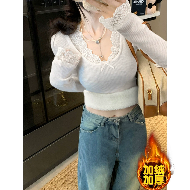 Нижняя рубашка женская с бархатным утолщением 2024 осень и зима новая плотная горячая девушка стройная и чистая футболка с длинными рукавами