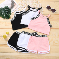Girls' Han Version Sports Alphabet Strappy Tank Top and Shorts Set Children's Breathable Casual Solid Color Two-Piece Set
