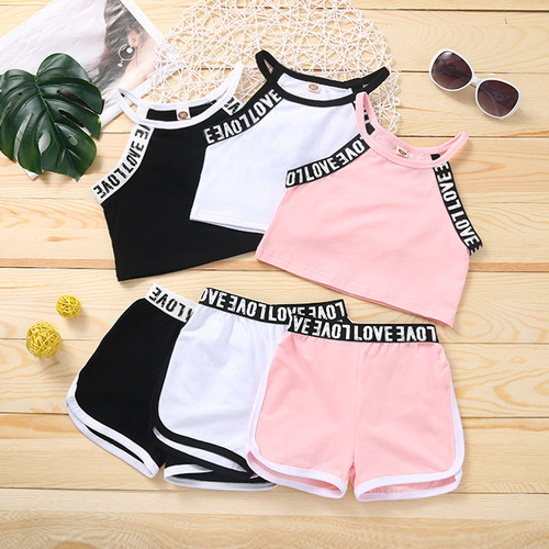Girls' Han Version Sports Alphabet Strappy Tank Top and Shorts Set Children's Breathable Casual Solid Color Two-Piece Set