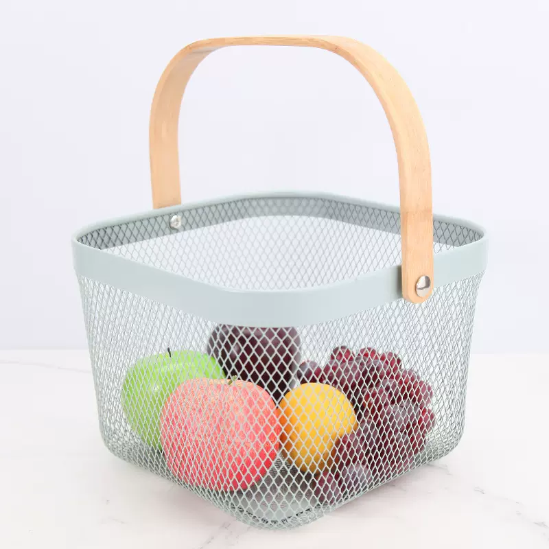 跨境外贸ins水果蔬菜沥水篮厨房收纳篮浴室杂物野餐木柄手提篮