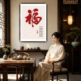 新中式福字餐厅铜角装饰画寓意好百福图玄关挂画喜庆走廊过道