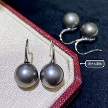 大溪地海水高跟鞋珍珠耳钩 11-12mm正圆强光S925银黑珍珠耳环