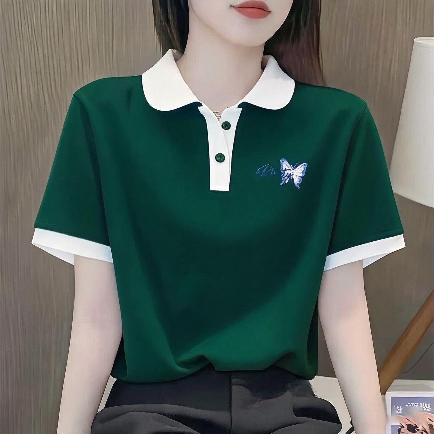 New summer style pure cotton T-shirt, versatile and fashionable polo shirt for middle-aged mothers, short sleeves, slimming collar.