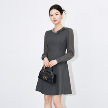 2431608-深圳南油轻奢重工钉钻雪纺拼接法式简约收腰连衣裙秋冬款