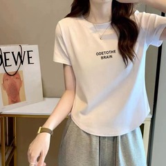 95 コットンラウンドネック右肩半袖シャツ女性の新しい純粋な欲望スタイルのカーブヘムトップショート半袖 Tシャツ