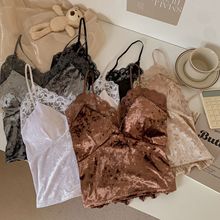 纯欲蕾丝金丝绒拼接吊带百搭小背心秋冬性感美背短款修身上衣打底