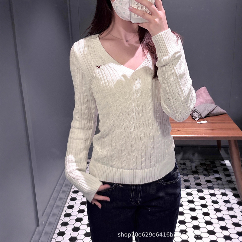Hollister Seagull 25Th Autumn Little Red Book Same Style College Style High Knowledge Style V-Neck Twist Knitted Sweater