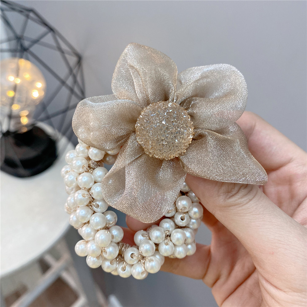 Sweet Style Rhinestone Ball Organza Flower Pearl Hair Ring Hair Accessories display picture 3