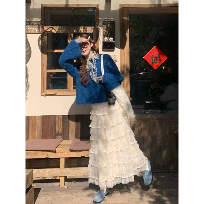 秋冬穿搭一整套装女韩系慵懒风V领套头毛衣搭休闲蛋糕蓬蓬半身裙|undefined